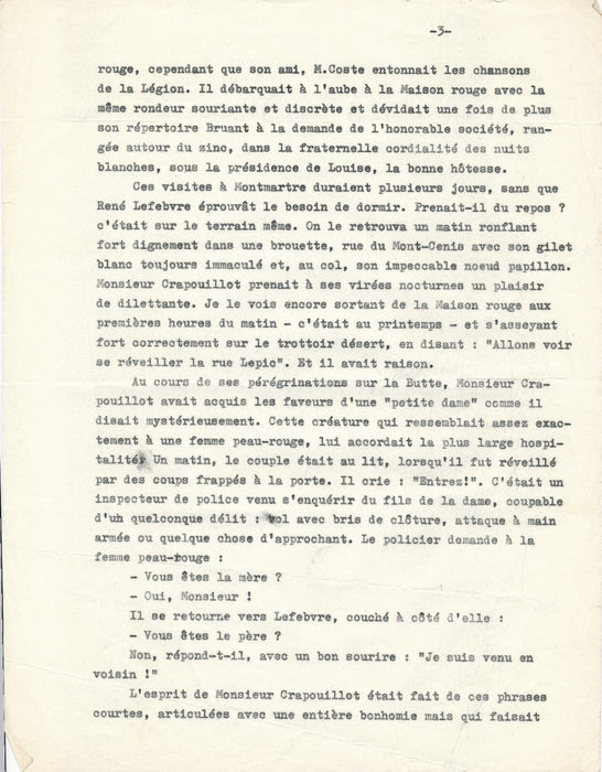 LABRACHERIE M. Crapouillot gentilhomme Montmartre manuscrit dactylographié 5 p.