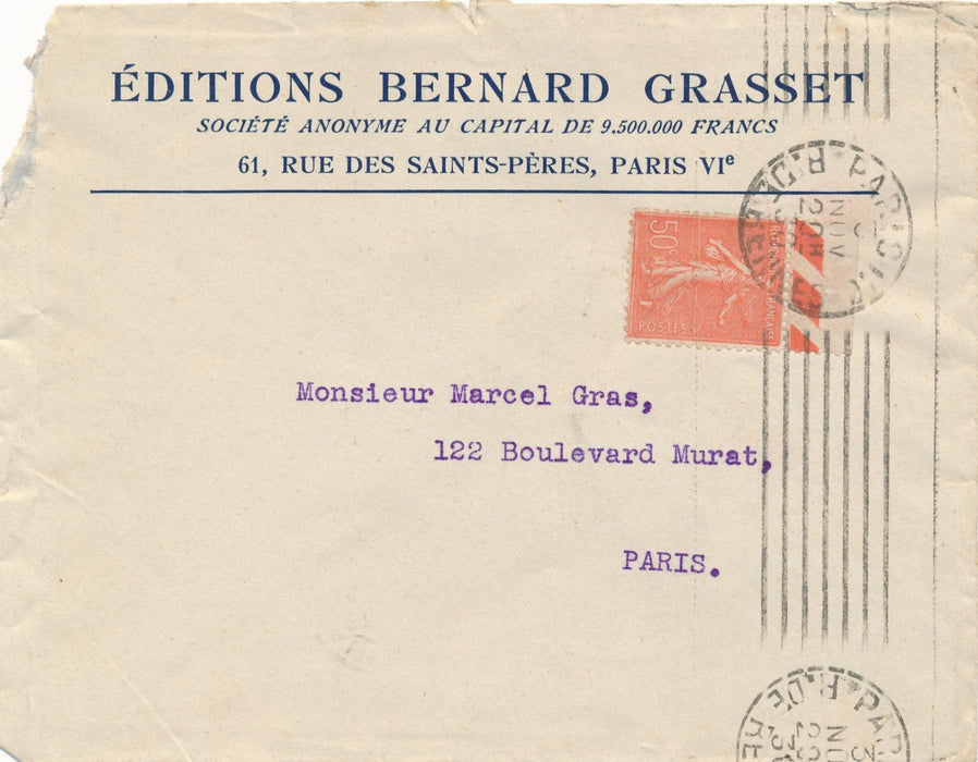Joseph Peyronnet collaborateur Bernard Grasset lettre signée à Marcel Gras 