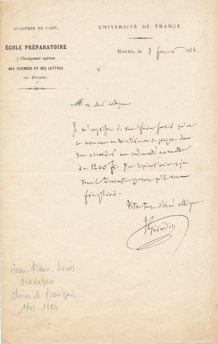 chimiste Jean Girardin lettre autographe signée indemnité Ecole de Rouen