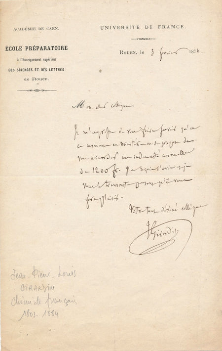 chimiste Jean Girardin lettre autographe signée indemnité Ecole de Rouen