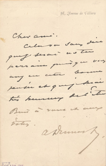 Alexandre Dumas fils parraine en retour lettre autographe signée