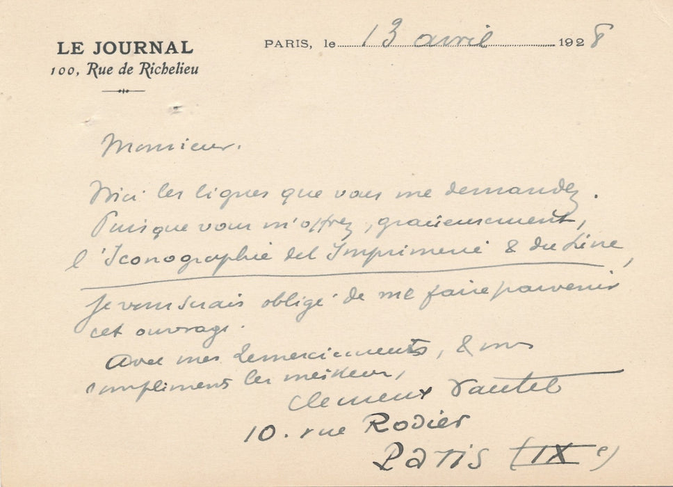 Clément Vautel romancier dramaturge manuscrit autographe signé imprimerie