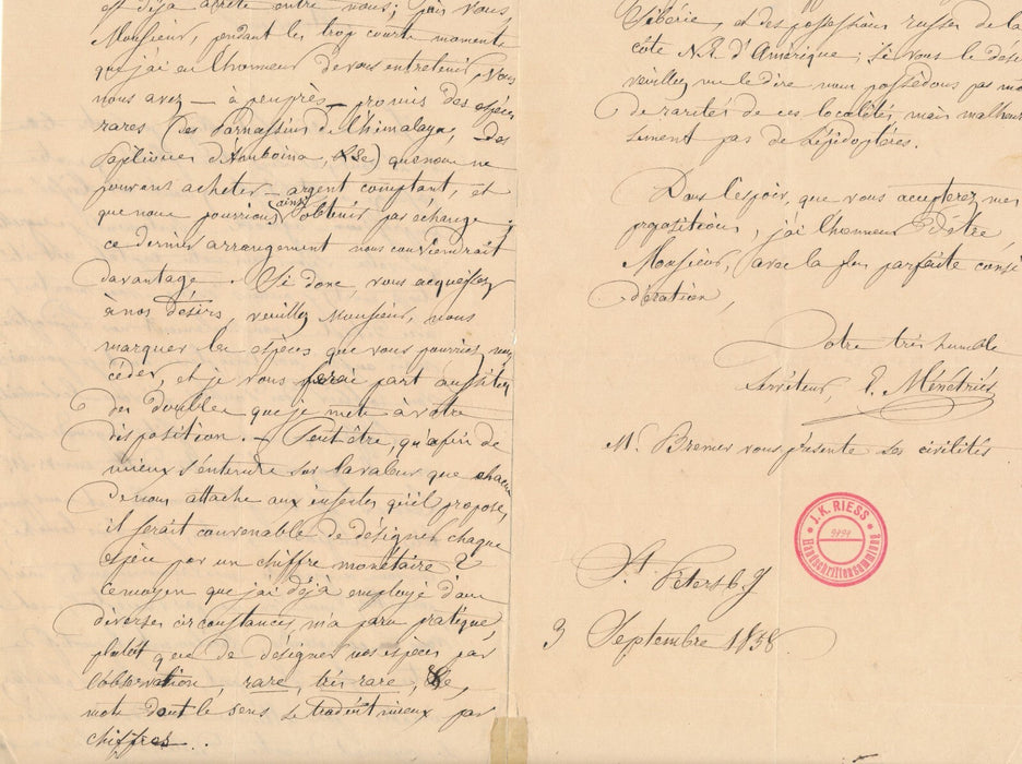 Édouard MÉNÉTRIES zoologiste actif en Russie lettre autographe signée 1868