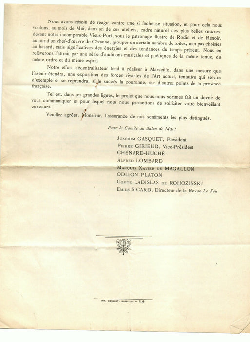 SALON DE MAI Marseille lettre Poncet ET document présentant le Salon