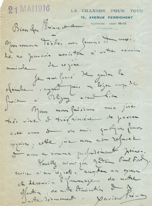 Xavier PRIVAS chanson poète compositeur lettre autographe signée à F. Febvre