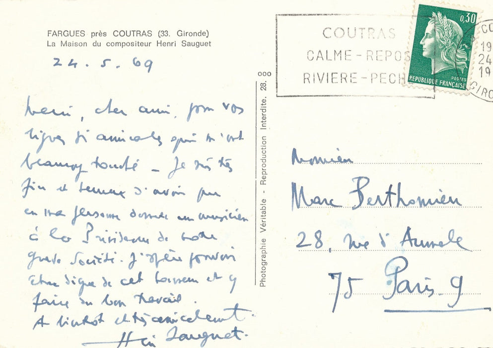 Henri SAUGUET photo dédicadée signée ET carte autographe signée Marc Berthomieu