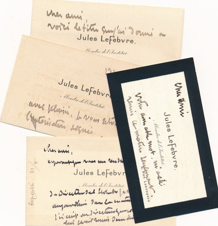 Jules LEFEBVRE peintre 4 cartes de visite autographes signées à Gaston BRAUN