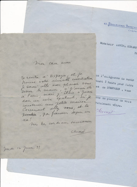 Édouard CHIMOT 2 lettres 1 autographe Espagne Domergue graveur illustrateur