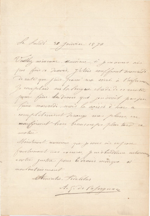 Famille GRANIER DE CASSAGNAC lettre autographe signée "A." 1870