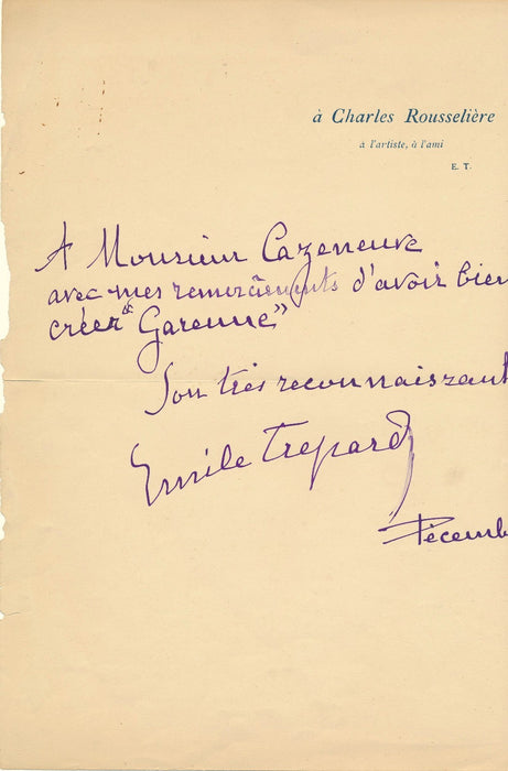 Compositeur Emile Trépard signature autographe Maurice Cazeneuve Garenne 1913