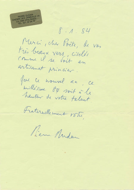 Pierre DUDAN acteur chanteur suisse Vaud reçoit des vers de M. Rostand lettre