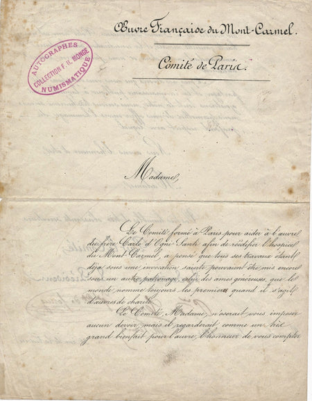 Horace Vernet signature Mont-Carmel Comité Paris document peintre Craon Fernig