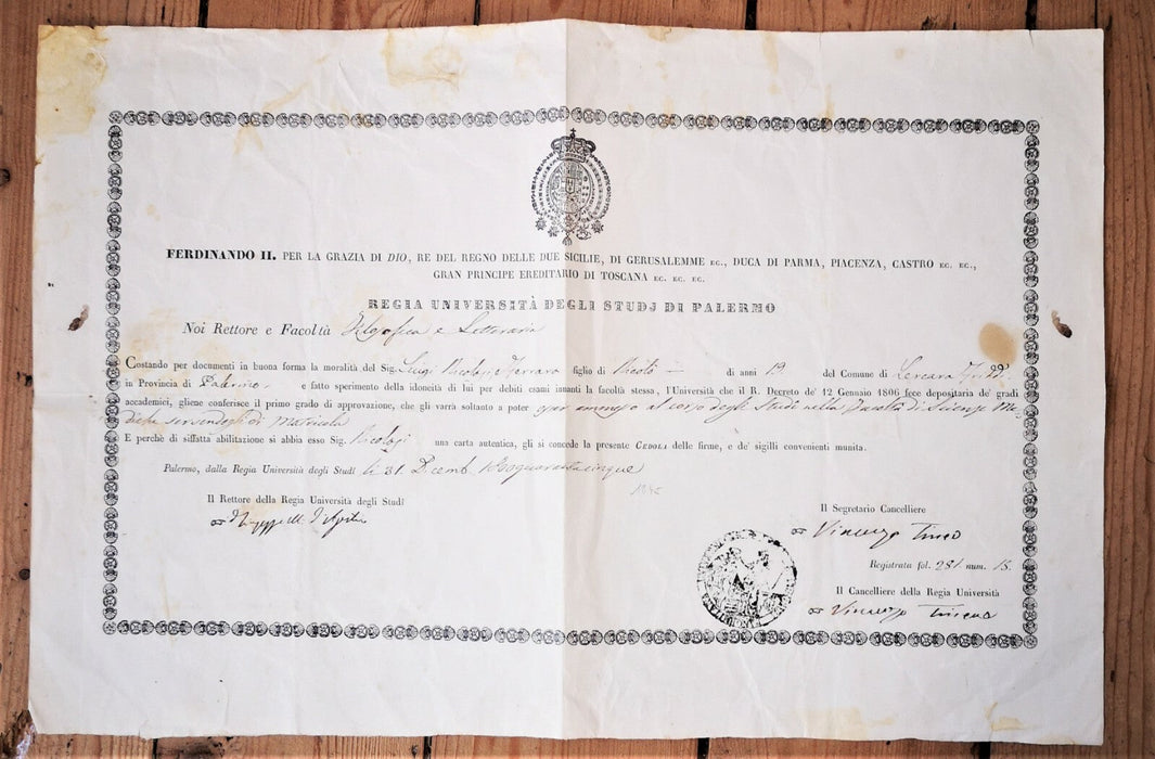 Vincenzo TINEO botaniste Palerme diplôme signé autographe Université 