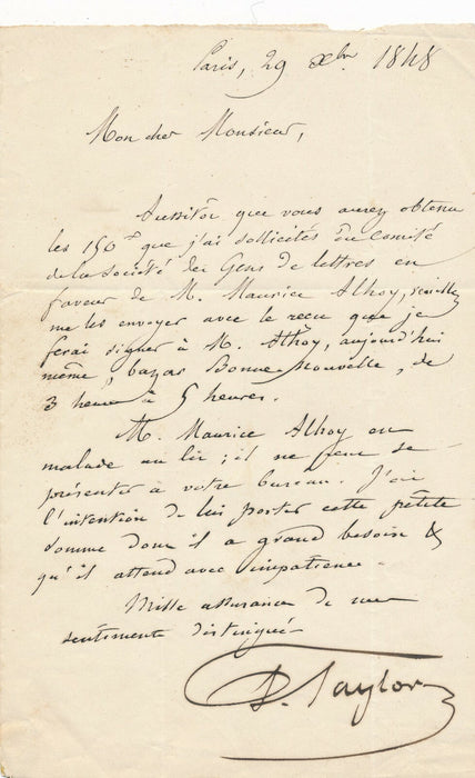Baron TAYLOR lettre autographe signée aide Maurice Alhoy Gens de lettres