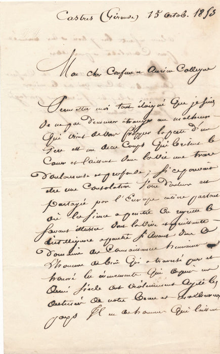 décès François ARAGO lettre autographe signée à Emmanuel Arago avocat