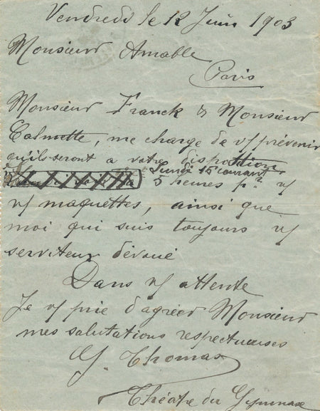 Théâtre Gymnase au décorateur peintre AMABLE Calmette lettre autographe signée