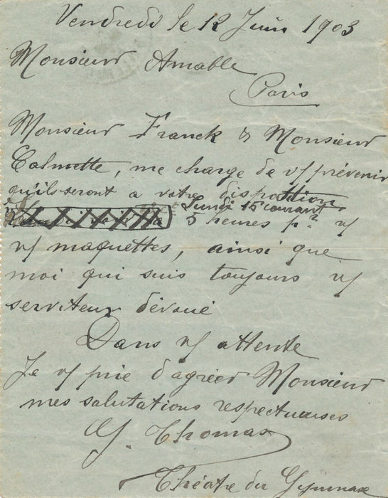 Théâtre Gymnase au décorateur peintre AMABLE Calmette lettre autographe signée