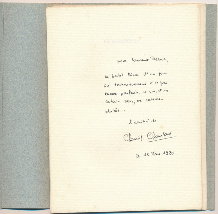 Claude CHAMBARD Ce moment-là EO envoi autographe et lettre à Laurent Debut
