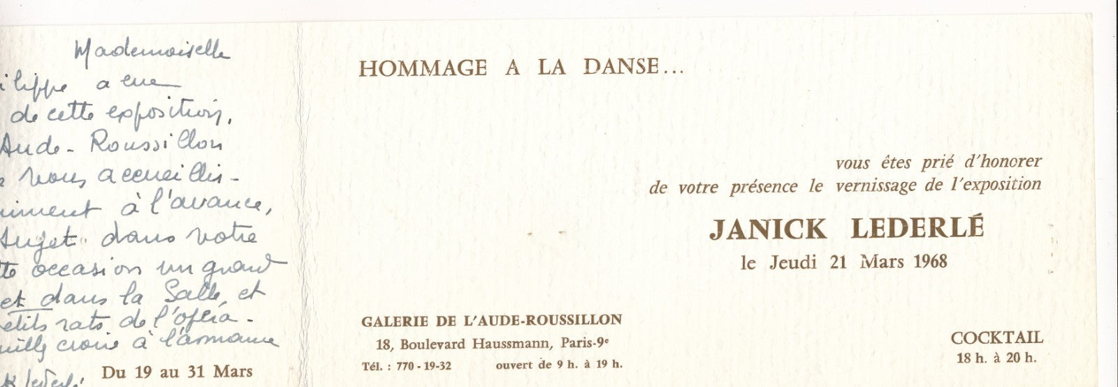 Janick Lederle peintre danse lettre et carte autographe exposition
