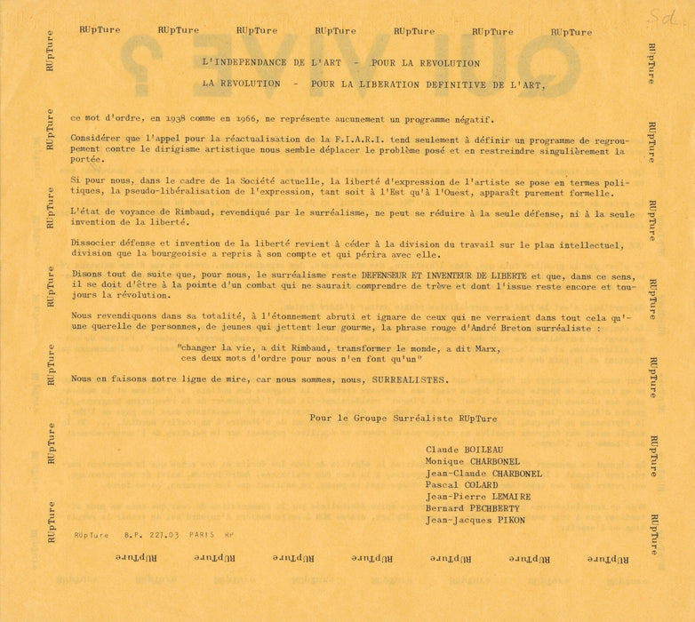 groupe RUPTURE littérature 2 tracts v. 1960 Qui vive ? - Marche noir surréalisme
