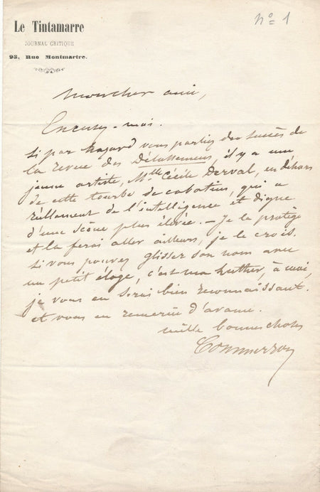 COMMERSON lettre autographe signée Jules de PRÉMARAY comédienne Cécile Derval