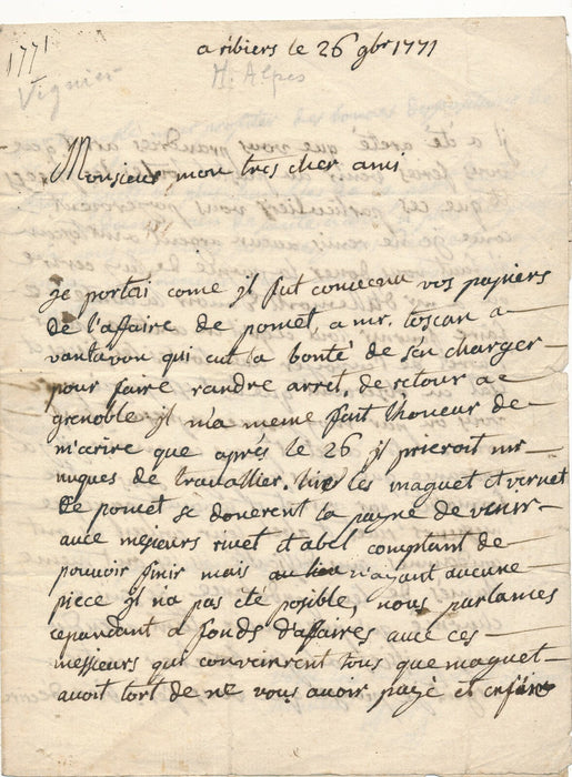 Lettre autographe signée affaire judiciaire créance Sisteron Vignier Vantalon