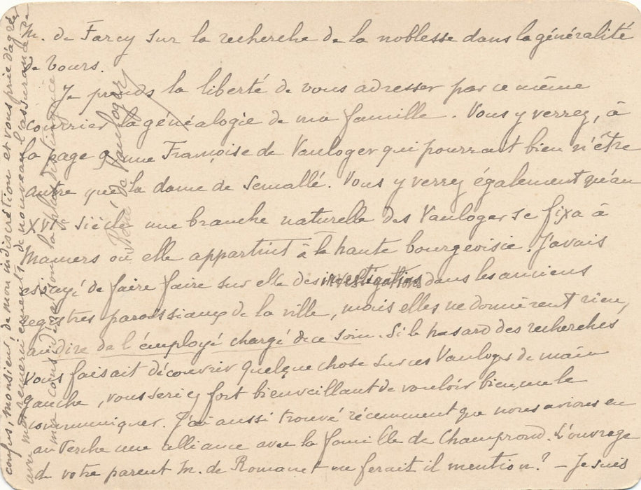 Généalogie de la famille de Vauloger Maine Normandie lettre autographe