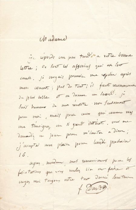 Félicien DAVID heureux de sa réussite lettre autographe signée compositeur