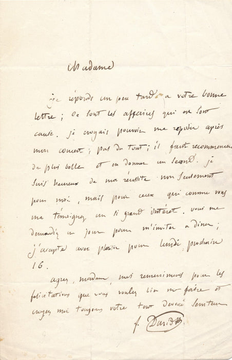 Félicien DAVID heureux de sa réussite lettre autographe signée compositeur