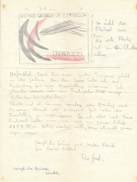 Raffael BENAZZI belle lettre autographe signée dessin affiche sculpture suisse