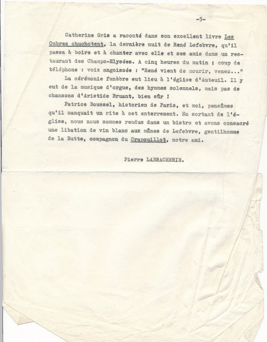 LABRACHERIE M. Crapouillot gentilhomme Montmartre manuscrit dactylographié 5 p.