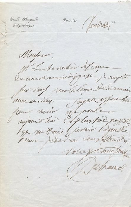 Jean-Marie DUHAMEL mathématicien physicien lettre autographe signée à Fr. Bary