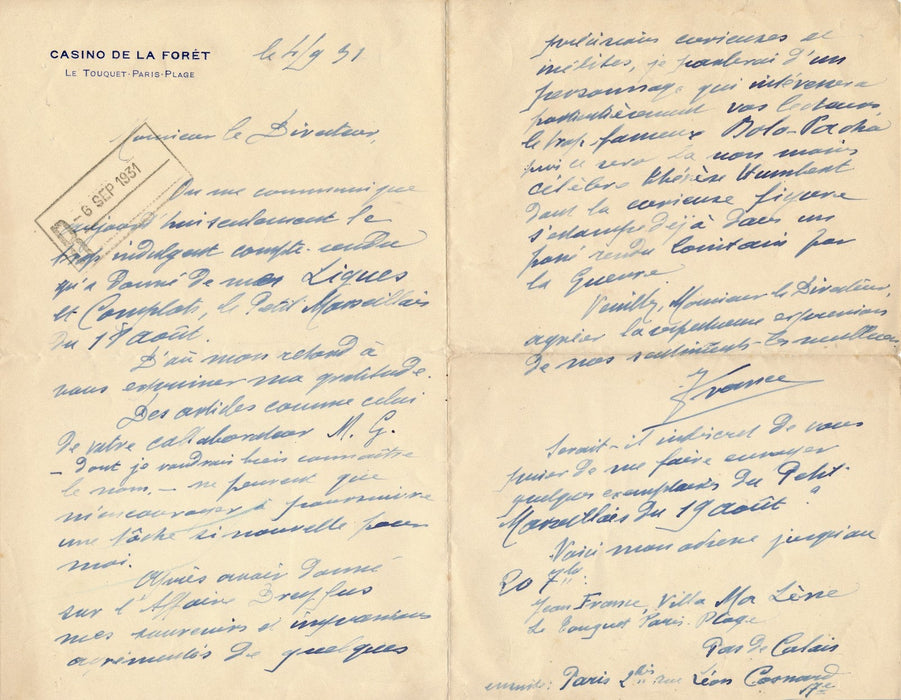 Jean France commissaire divisionnaire 2 lettres Ligue Saussaie Bolo Pacha 