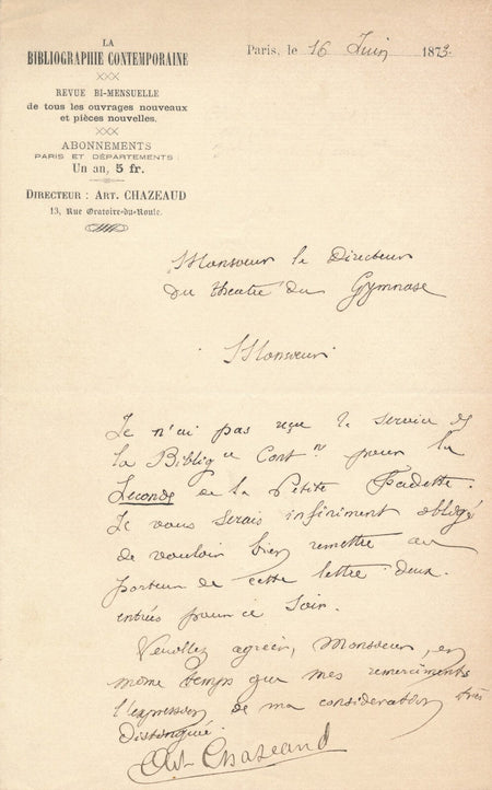 Arthur CHAZEAUD réclame 2 places pour La Petite Fadette lettre autographe signée