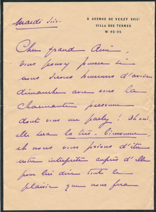 Magdeleine GODARD violoniste lettre autographe signée invitation Frédéric Febvre