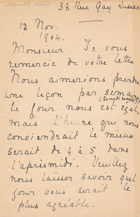 Anglais Arthur ASQUITH militaire ET soeur Violet Paris lettre autographe signée