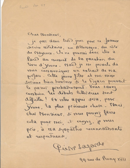 Pierre LAGARDE écrivain lettre autographe signée Figaro service militaire