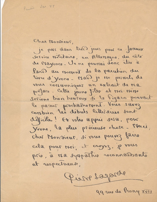 Pierre LAGARDE écrivain lettre autographe signée Figaro service militaire