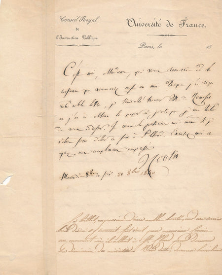 Victor COUSIN permet de s'acquitter d'une dette lettre autographe signée