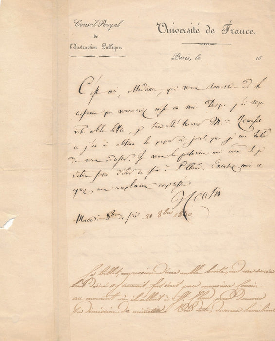 Victor COUSIN permet de s'acquitter d'une dette lettre autographe signée