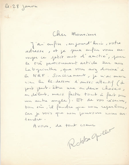 Robbe Grillet à Yves Berger belle lettre autographe sur Dans le labyrinthe 1959