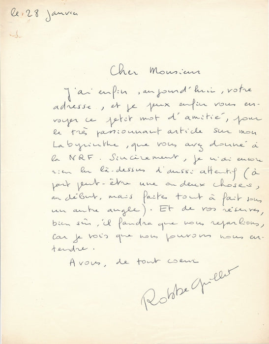 Robbe Grillet à Yves Berger belle lettre autographe sur Dans le labyrinthe 1959
