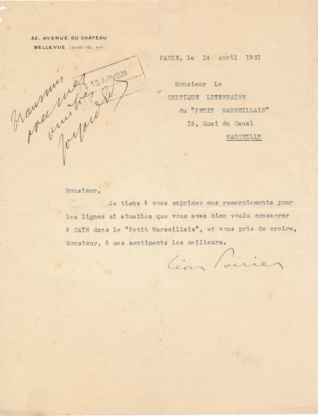 Léon Poirier (1884-1968), réalisateur lettre signée Caïn 1931 Petit Marseillais