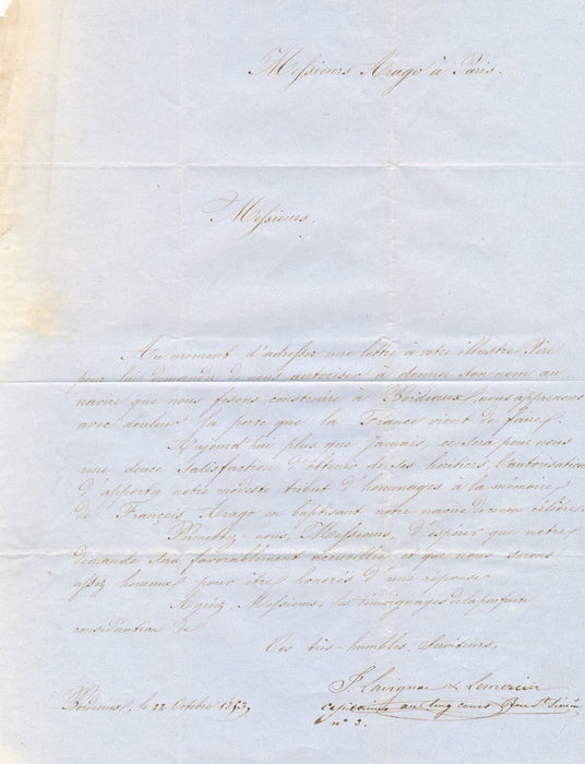 décès François ARAGO lettre autographe signée à E. ARAGO baptème navire