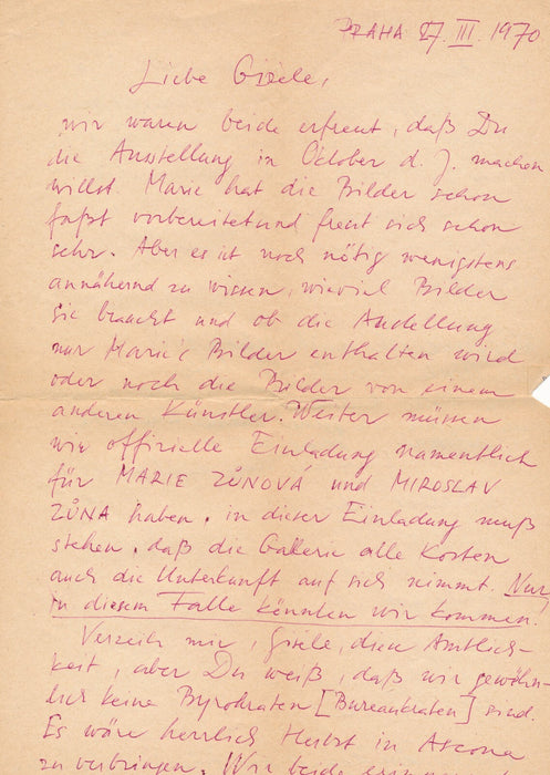 Miroslav ZUNA Marie ZUNOVA artistes tchèques correspondance autographe