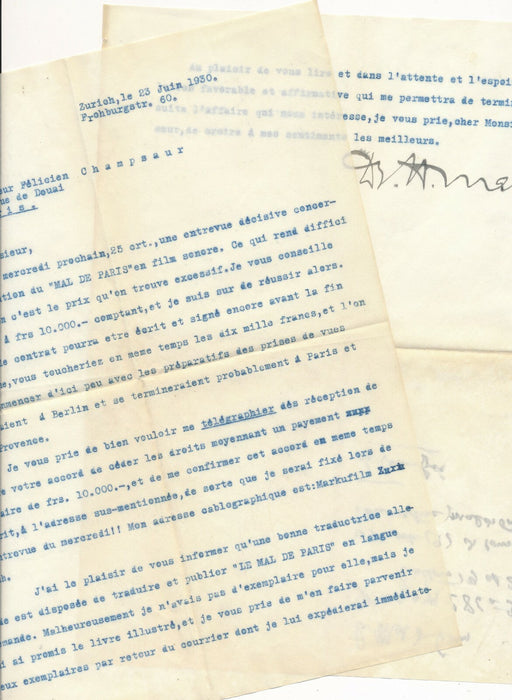 Dr S. Markus producteur films Zurich 2 lettres signées adaptation film Champsaur