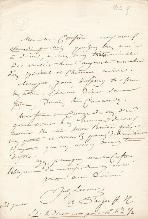 Jules LACROIX invite sans façon Prémaray théâtre lettre autographe signée