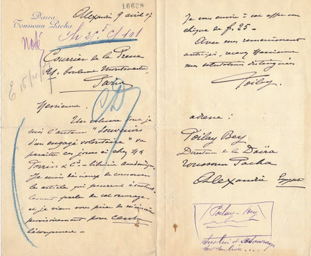 Marcel POILAY Daïra Toussoun Pacha Alexandrie lettre autographe signée