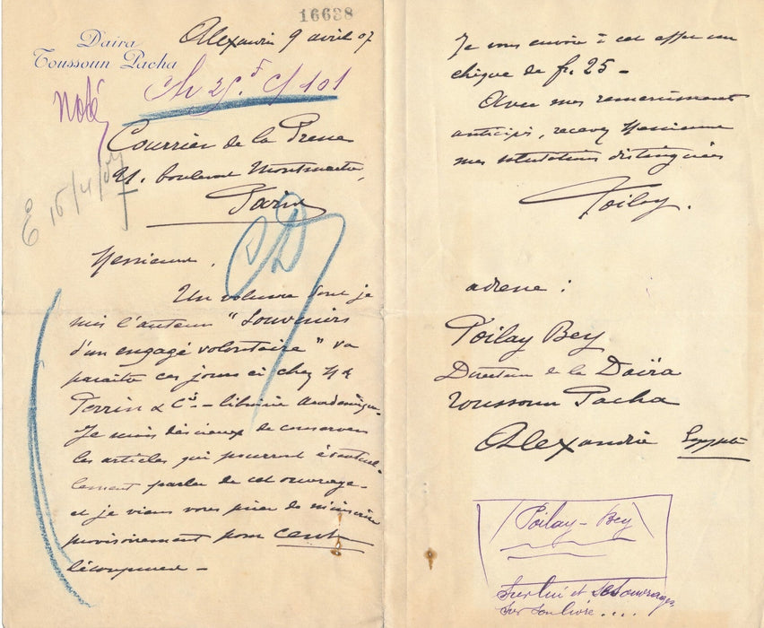 Marcel POILAY Daïra Toussoun Pacha Alexandrie lettre autographe signée