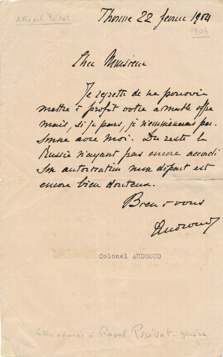Alfred AUDEOUD militaire suisse colonel lettre autographe signée Russie départ